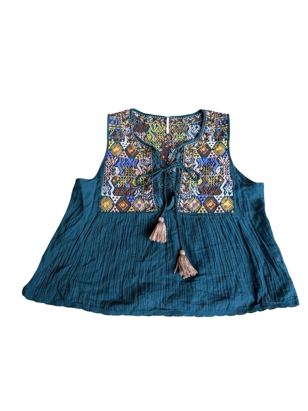 Free People Sleeveless Shirt Top Blouse Dark Teal Embroidered Boho Size Small